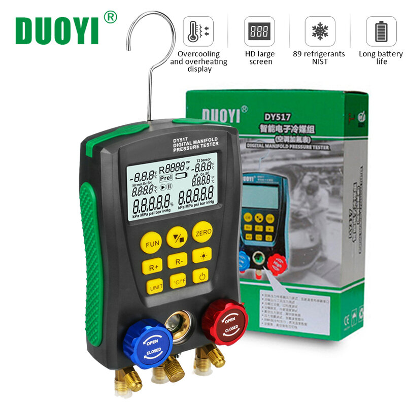 DUOYI DY517 Digital Manifold Meter Refrigeration Compression Gauge Digital Pressure Tonometer Vacuum Pressure Temperature Test