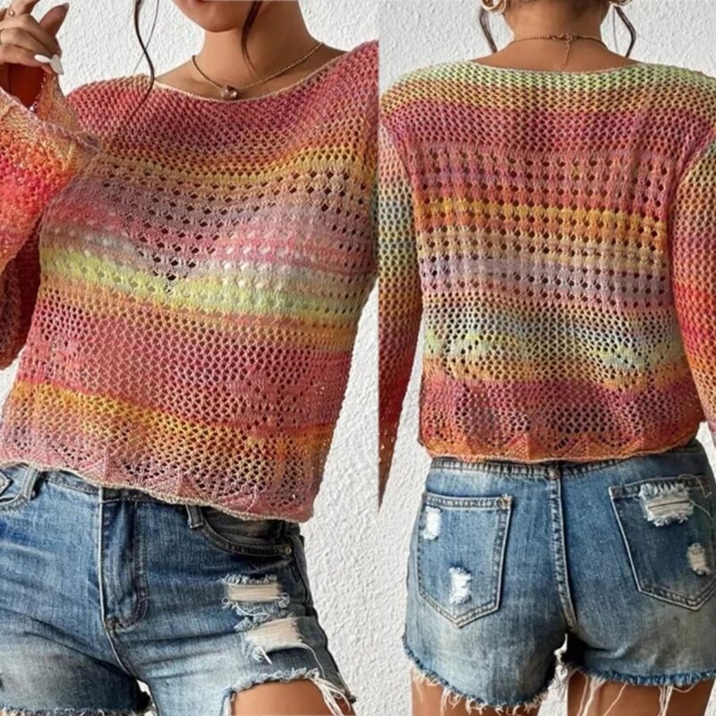 N7YD Round Neck Pullover Sweater Hollows Top colorido estilo doce para o verão das mulheres