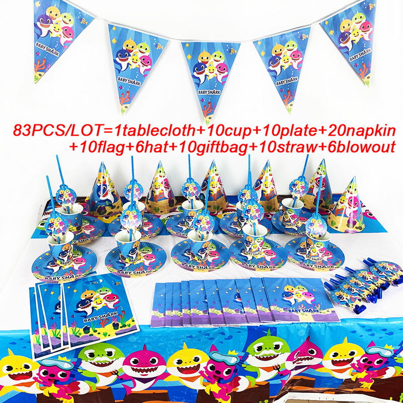 147pcs Blue Shark Party Supplies Hot Cartoon Character Theme Baby Boy Birthday Ocean Shark Party Decoration Paper Cups navidad