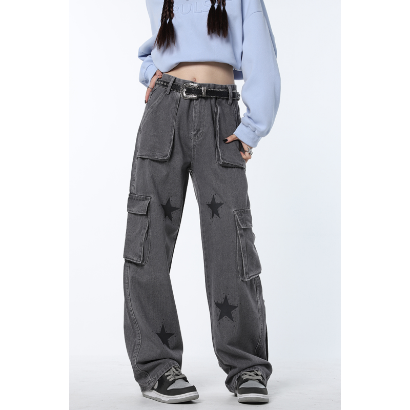 Pantalones vaqueros holgados y rectos de cintura alta para mujer, de moda americana ropa de calle, Vintage, color gris