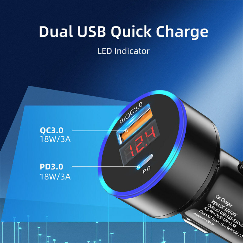 UKGO 6A PD 18W Dual USB LED Car Charger Quick Charge 3.0โทรศัพท์มือถือ Fast Charing สำหรับ iPhone huawei Samsung Galaxy