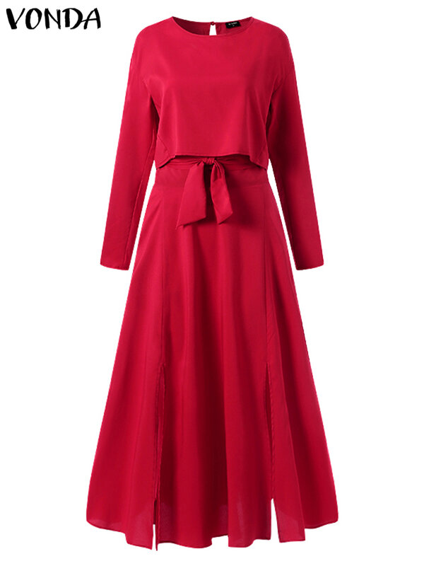 VONDA – robe d'été élégante pour femmes, ensemble décontracté à manches longues et à taille haute, jupe longue plissée, couleur unie, costume de fête, 2022
