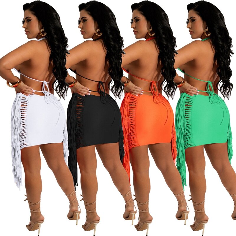 Co Ords Women Two Pieces Summer Sets Womens Outfits Beach Halter Crop Top and Tassel Skirt Set Club Party Sexy Outfits for Woman