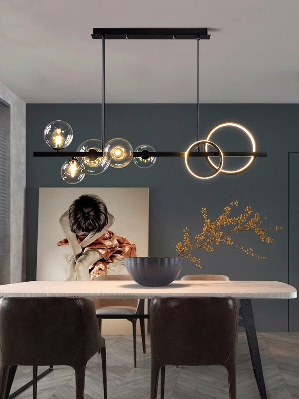 Lámpara de araña de estilo nórdico para sala de estar, comedor, cocina, Bombilla de cristal, Led colgante de techo, lámparas de decoración interior, color negro