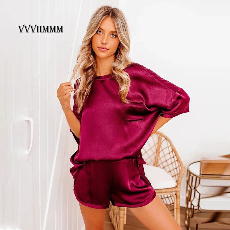 2022 new solid color satin loose top and shorts urban leisure short sleeve suit Pajama shorts set of two fashion pieces forwomen