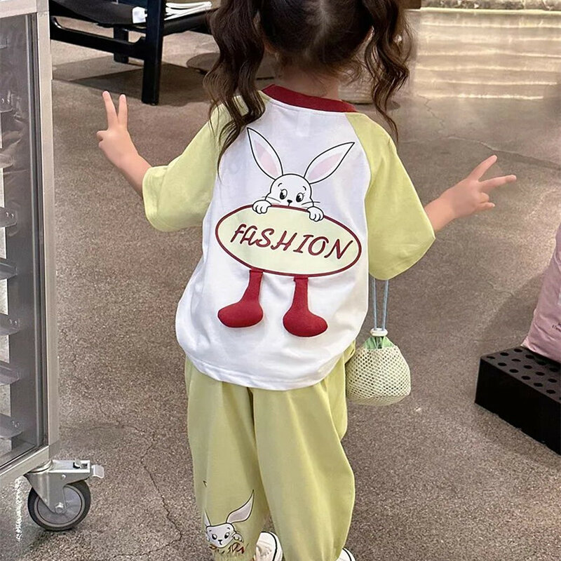Verão Meninas Roupas Set New Coreano Crianças de Manga Curta T-shirt Calças Set Two Piece Set Little Girl Baby outfits