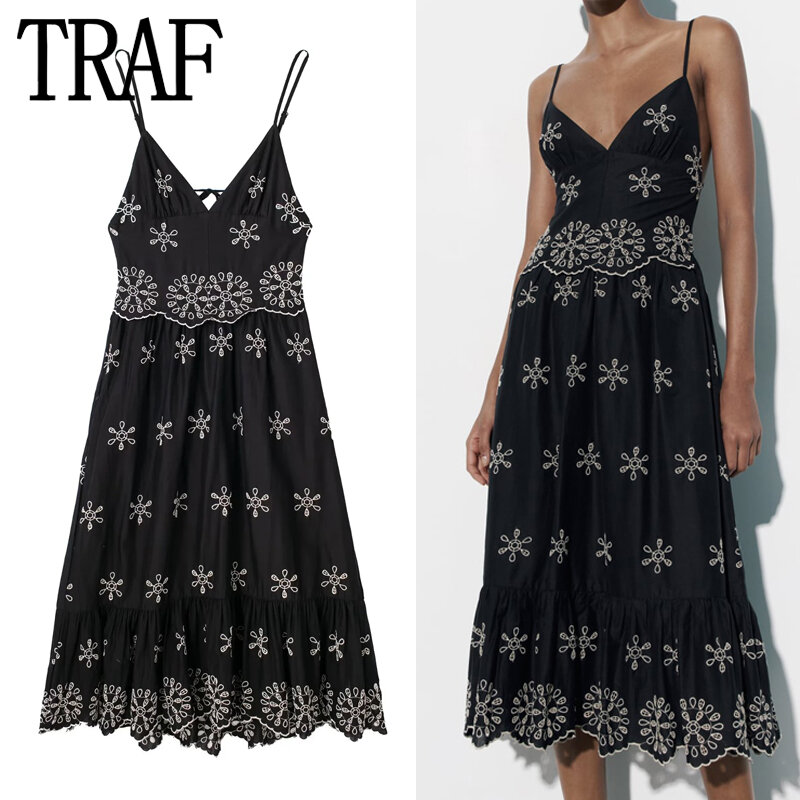 TRAF Embroidery Slip Dress Woman Black Backless Long Dress Women Sleeveless Beach Summer Dresses For Women Sexy Midi Dresses
