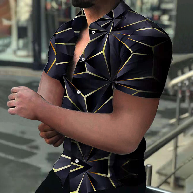 2022 męskie kolorowe wąskie koszule drukowane klapy w stylu Casual, letnia koszule z krótkim rękawem moda Streetwear