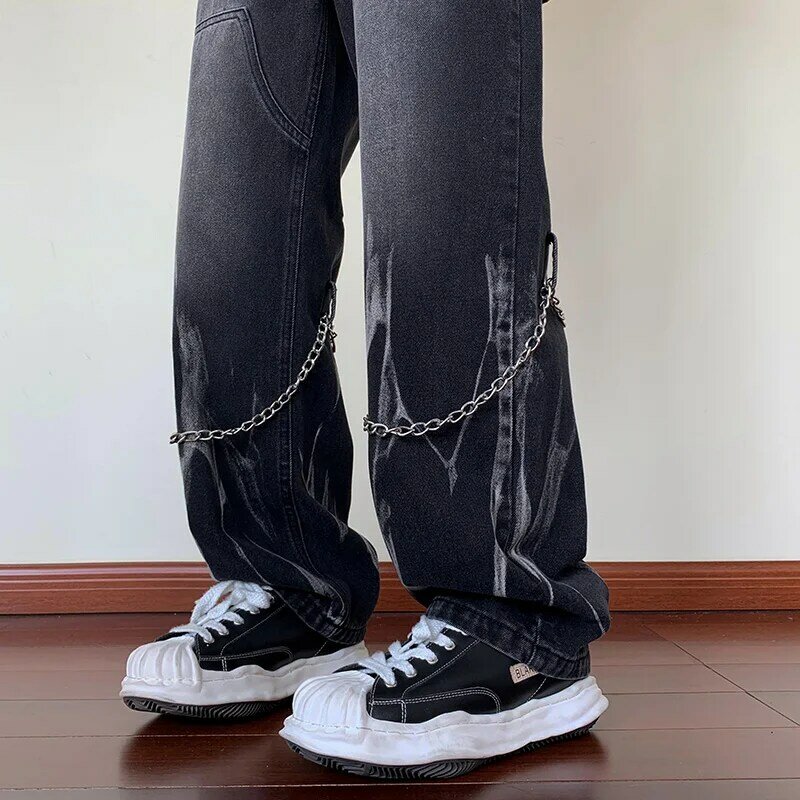 Y2k Thẳng Quần Jeans Nam, nâu Retro Đá Hip-Hop Quần Jeans Nam Dạo Phố Áo Ống Rộng Denim Quần Ngọn Lửa Thắt Nơ Quần