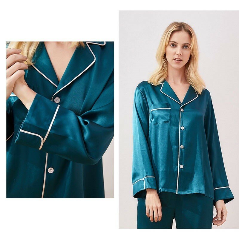 100% Real Silk Pajama Suit For Women Ladies's Silk Sleepwear Full Sleeve Long Pants 2 Pieces PLUS SIZE Loose Homewear Sleep Set
