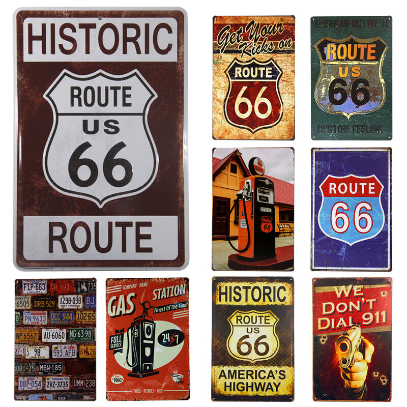 Cartel de Metal Retro Para decoración de habitaciones, cartel artístico de estaño para Bar, garaje, cafetería, con hoja de hierro, para Auto Racing, US Route 66