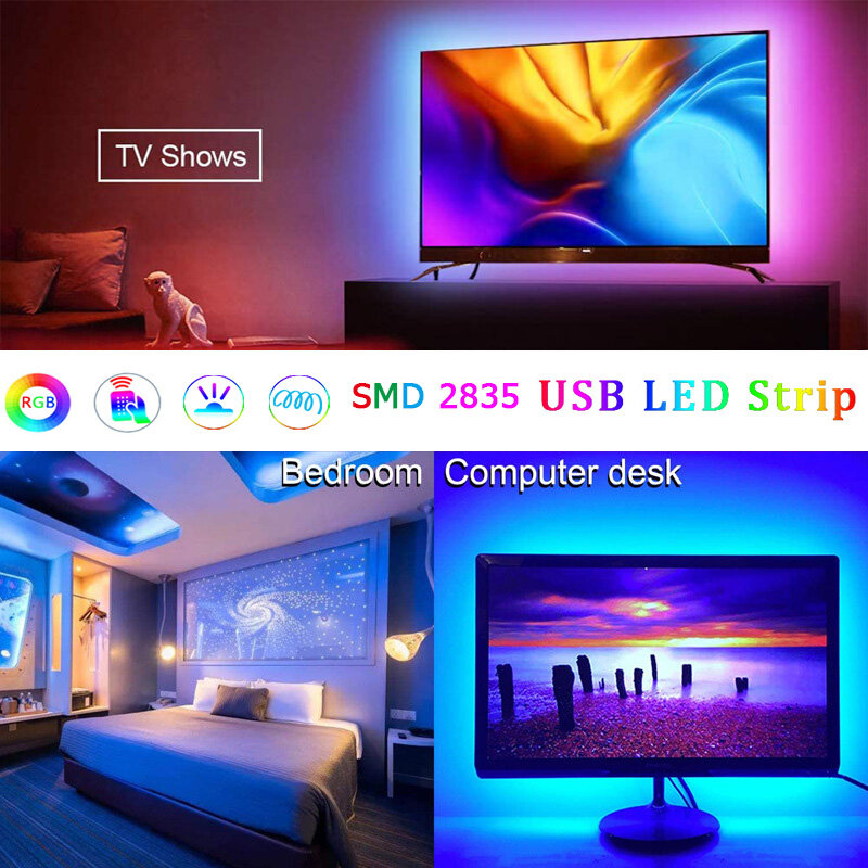 Tira de luces LED con Control USB, cinta de luces LED Flexible con Bluetooth, RGB, 5V, decoración de diodos de retroiluminación de pantalla de escritorio de TV