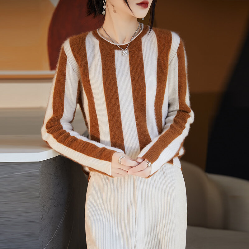 Smpevrg Woman's Sweaters Winter Thick Casual Striped Female Pullover Long Sleeve O-Neck Jumper 100% Woollen Knitted Tops Clothes