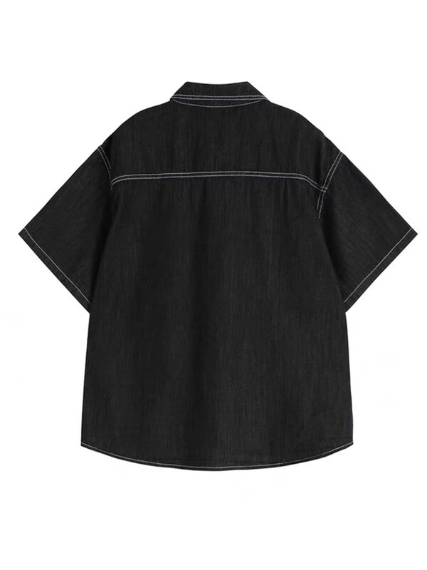 한국 패션 데님 셔츠 여성 빈티지 스트리트웨어 배기 반팔 폴로 넥 포켓 블라우스, 하라주쿠 솔리드 코트 탑스