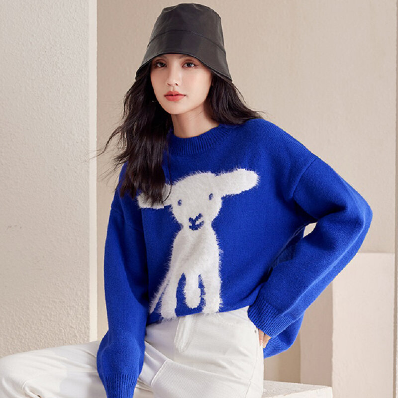 Sweter Wanita Wisher & Tong 2022 Atasan Chic Kasual Longgar Pullover Rajutan Lengan Panjang Leher-o Musim Gugur Musim Dingin Sweter Gaya Korea