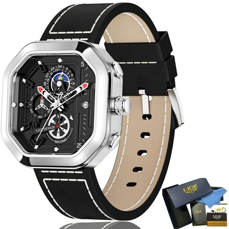 2022 LIGE Luxury Business Men Watches cinturino in Silicone al quarzo nero Sport orologio quadrato impermeabile 24 ore fasi lunari Reloj Hombre
