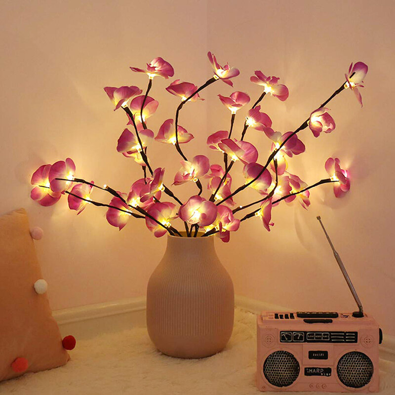 Guirlande lumineuse en forme de fleur, 20 LED, Simulation de papillon, branche d'orchidée, Vase lumineux, décoration de maison, noël