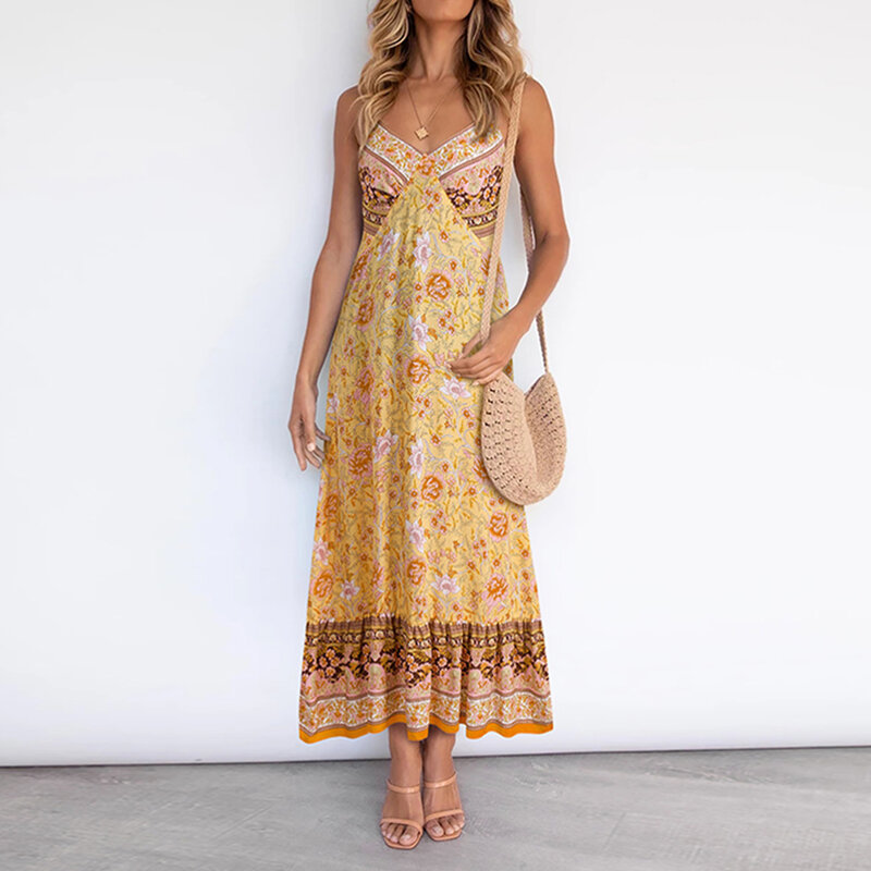 المرأة ماكسي فستان زهري الصيف بوهو الخامس الرقبة مرونة الخصر الأزهار حزام فستان طويل 2021 الصيف
