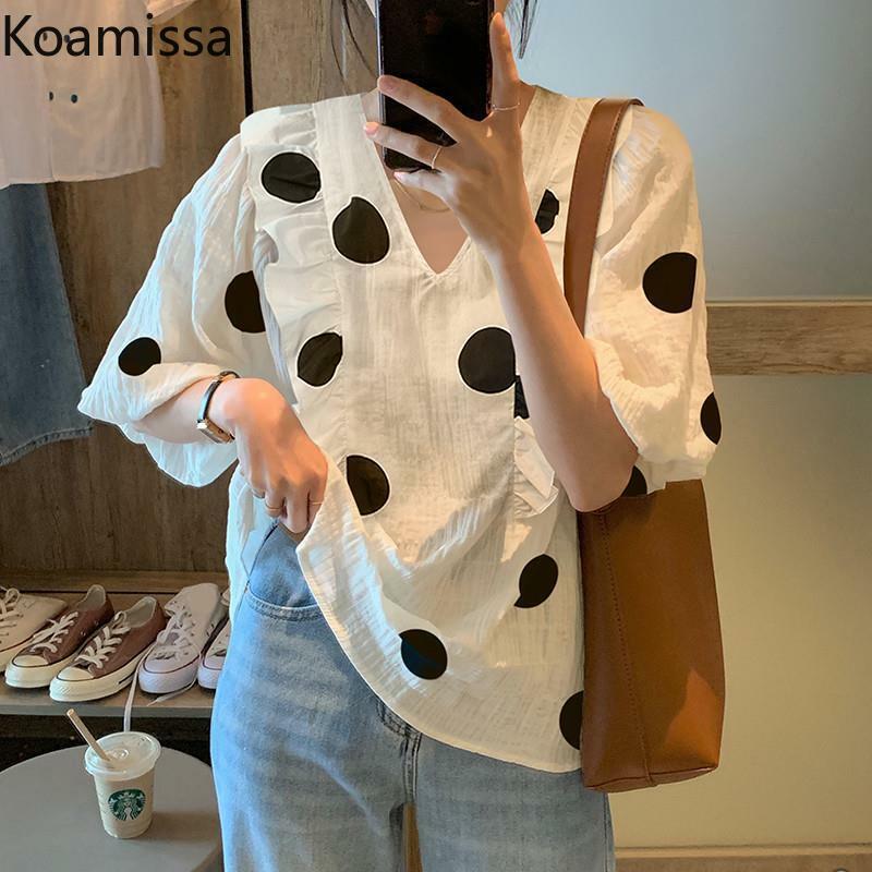 Koamissa moda feminina blusa pufff mangas dot camisas de verão causal solto feminino para fora usar blusas todo o jogo coreano chique topos novo
