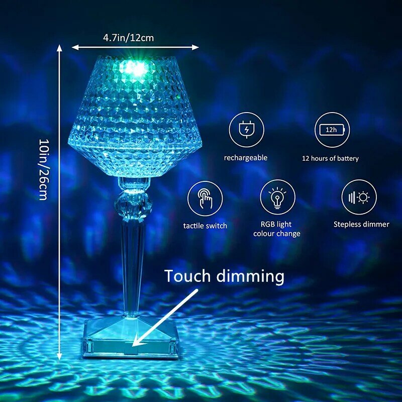 LED Touch Diamond Table Lamp USB Cordless Bedside Lamp 16 Colors Dimming Bar Lamp Romantic Crystal Light for Hotel/Restaurant