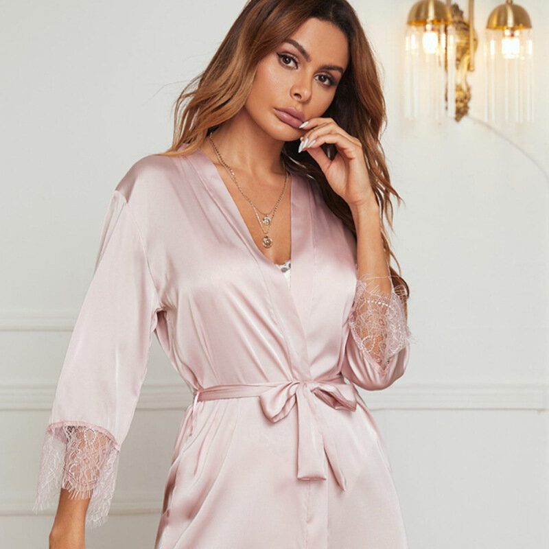 Sexy Pink Nightgown Women Short Robes Lace Home Service Japanese Kimono Bathrobe Female Lingerie Summer