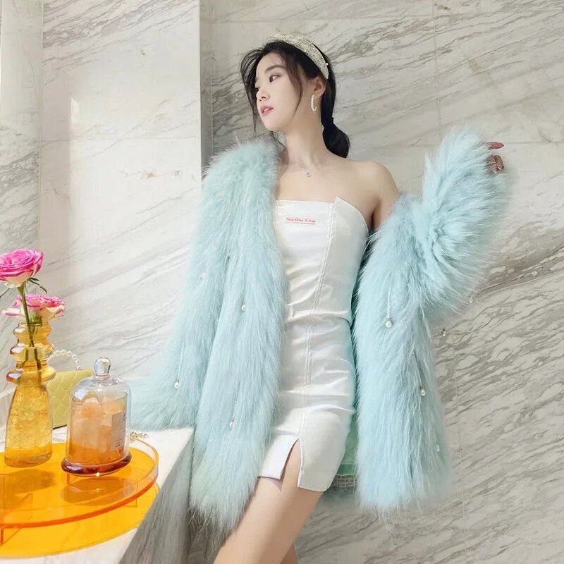 Moda de alta qualidade do falso casaco de pele de raposa macio quente inverno casaco feminino 2022 pérola pingente jaqueta feminina grosso rosa branco cinza verde