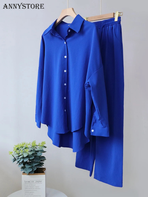Primavera Verão Azul Calças Suit Set para Mulheres Office Wear Chic Camisas Two Piece Suit Mulheres Elegant Wide Pants Outfits Tricô