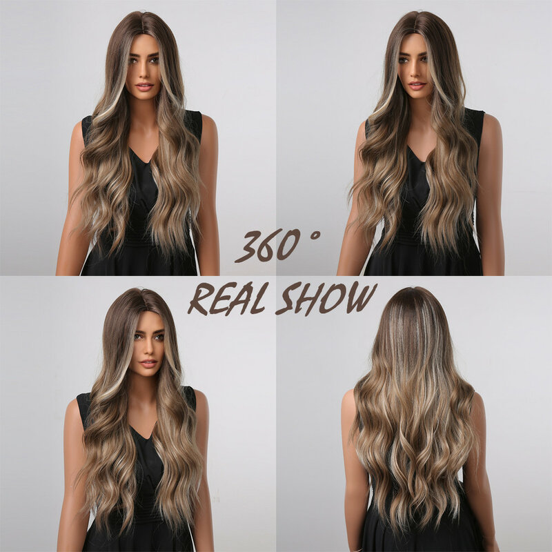 LOUIS FERRE Long Ombre Brown Highlights Wavy Synthetic Wigs Light Brown Curly Blonde Balayage Wig Cosplay Daily High Temperature