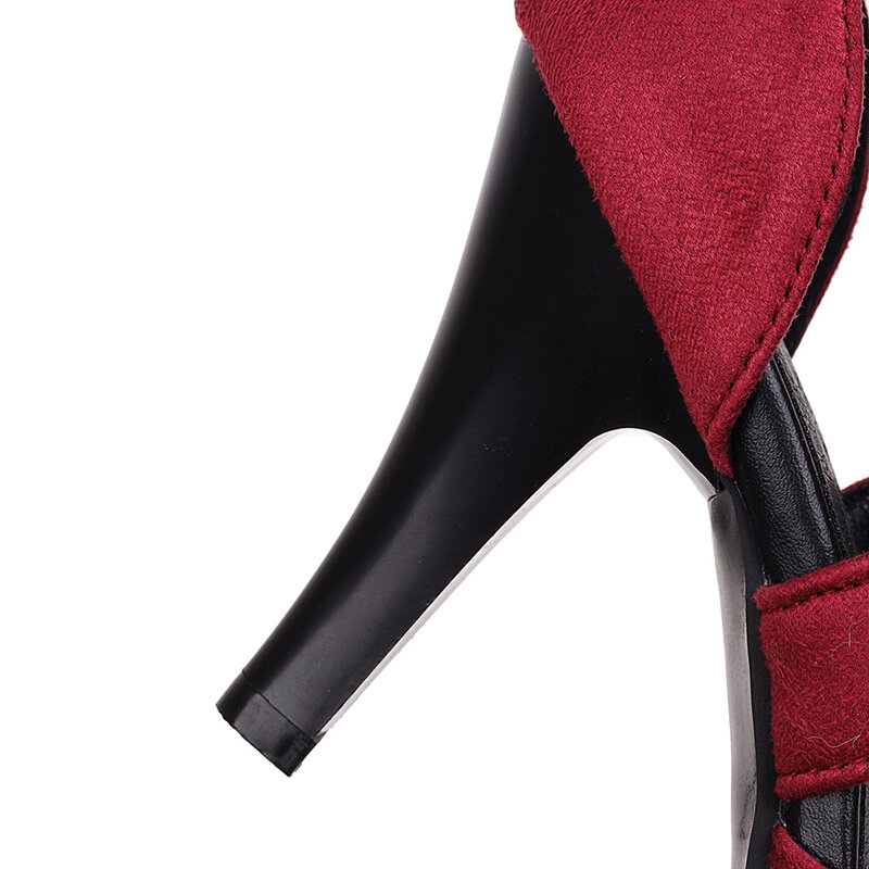 Sepatu Wanita Sandal Gladiator Merah Hitam Seksi Sepatu 10Cm Hak Tinggi Berenda Musim Panas Sepatu Pump Pesta Stiletto untuk Wanita