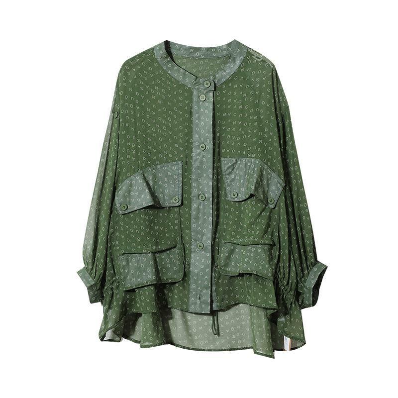 Camisa Irregular con estampado Vintage para mujer, blusa asimétrica holgada con bolsillos y botones, Tops informales, Otoño, 2022