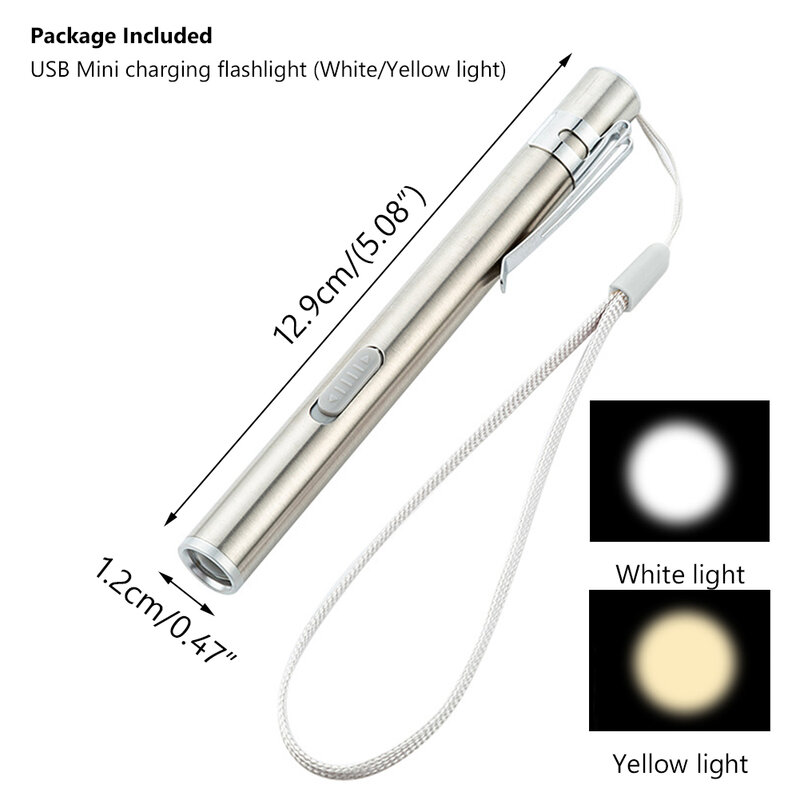 Mini lanterna médica portátil recarregável, lanterna de led com clip 2 fontes de led para estudantes médicos