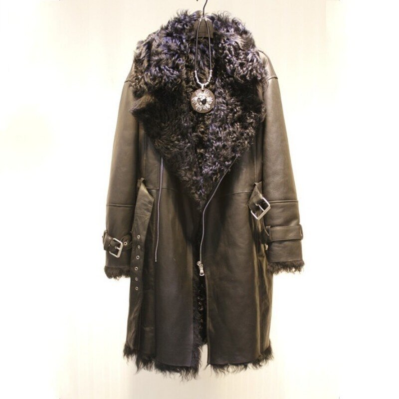 Casaco de pele real feminino, luxuoso, novo inverno, quente, gola de pele, listras acima de tudo, jaqueta de lã longa com zíper