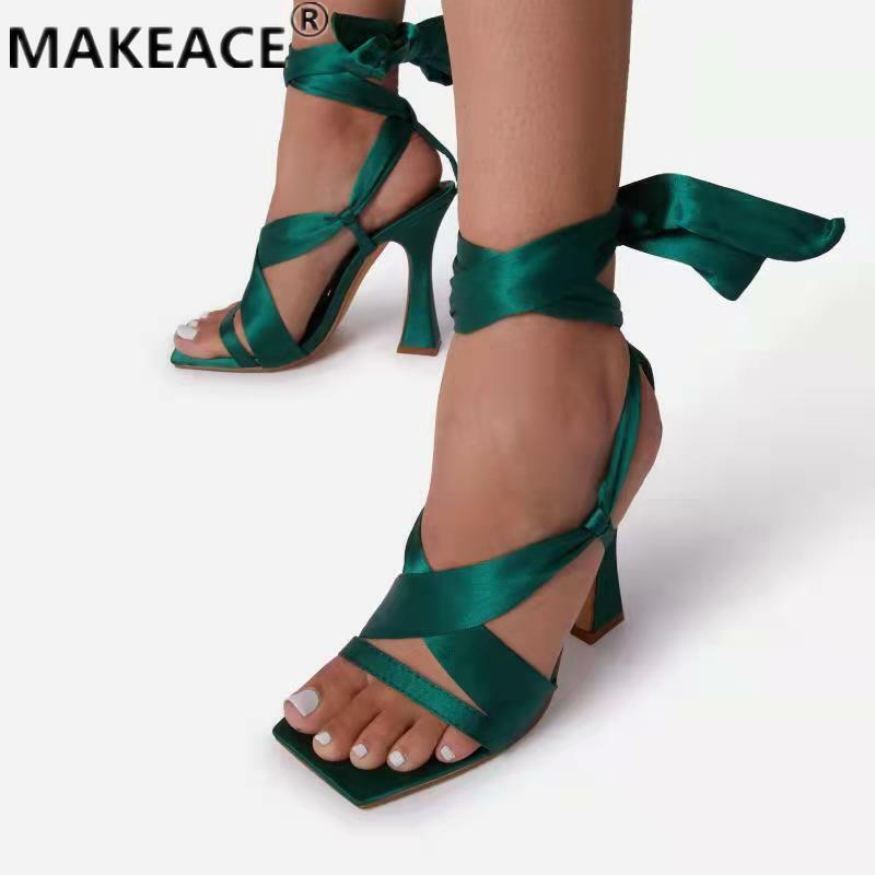 Sandálias das senhoras da moda de salto alto dedo do pé aberto sapatos femininos verão novo estilo romano pé nu rendas festa sapatos praia chinelos