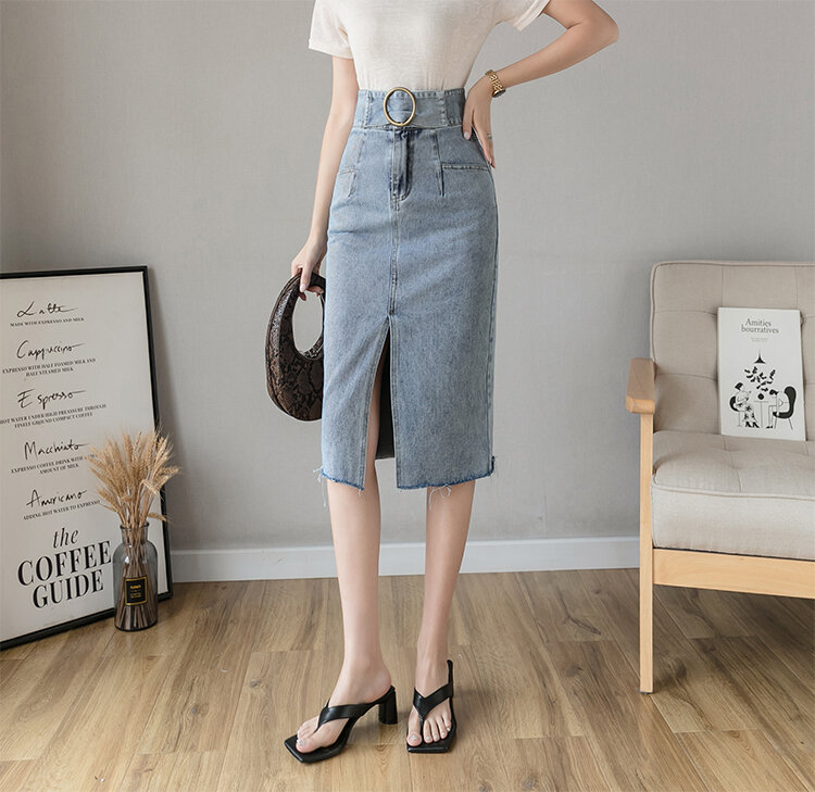 Wisher & tong longo denim saia de cintura alta divisão a-line 2022 primavera verão jeans saia estilo coreano azul lápis saia feminina