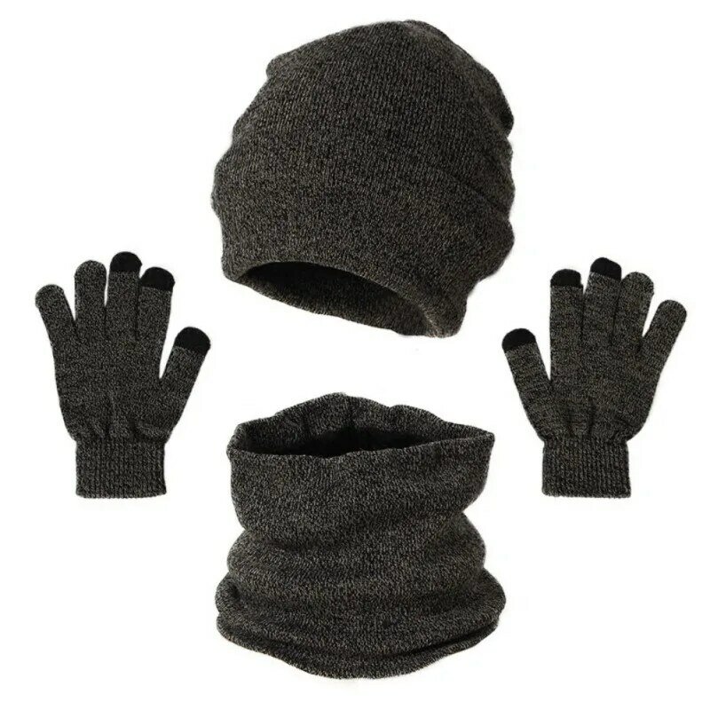 3Pcs/Set Winter Thermal Suit Knitted Beanie Scarf And Touch Screen Gloves Set Solid Color Warm Skull Cap Gifts For Men Women