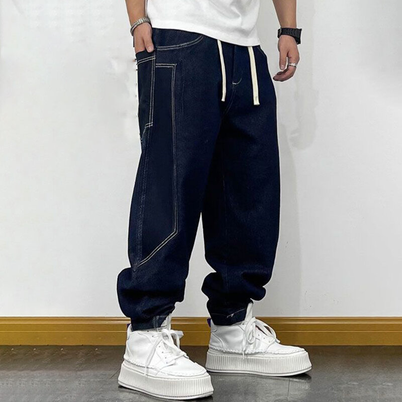 American Tooling-pantalones vaqueros de cintura elástica para hombre, pantalón holgado de gran tamaño, estilo Harem, tendencia de empalme