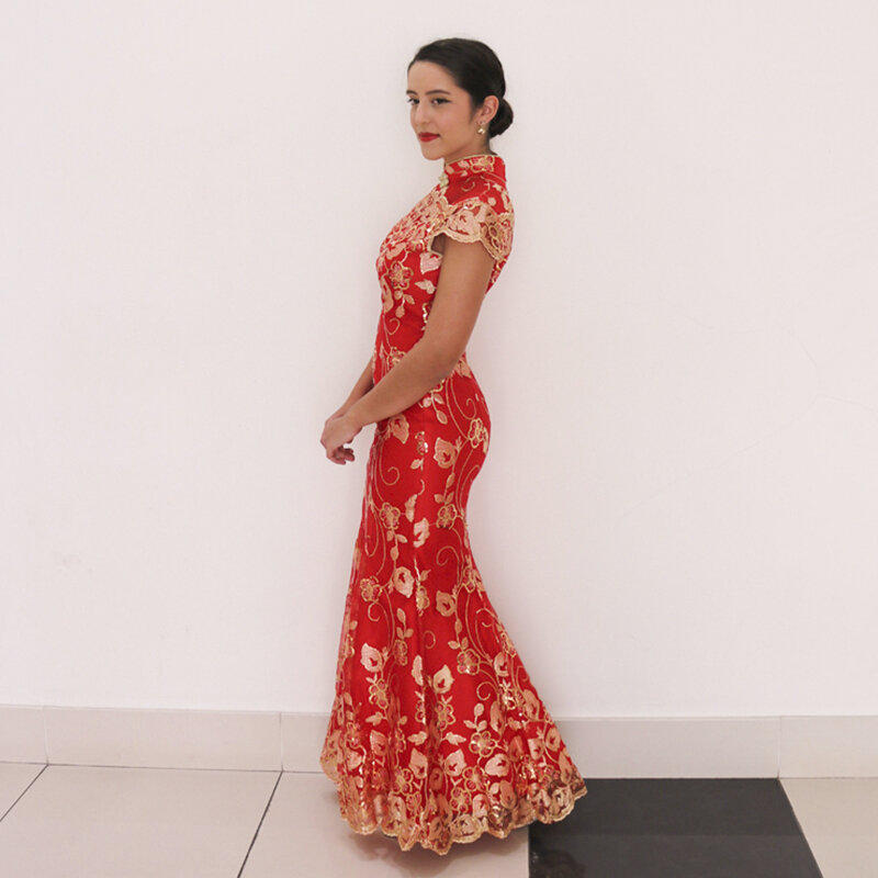فستان زفاف صيني أحمر ، أكمام قصيرة ، شيونغسام ، ذهبي ، نحيف ، تشيباو تقليدي للنساء ، لحفلات الزفاف