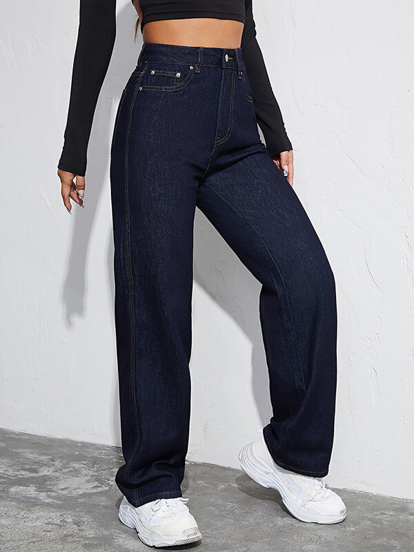Классические прямые джинсы, женские синие мешковатые джинсовые брюки с завышенной талией, облегающие широкие брюки, женская одежда, модные джинсовые брюки
