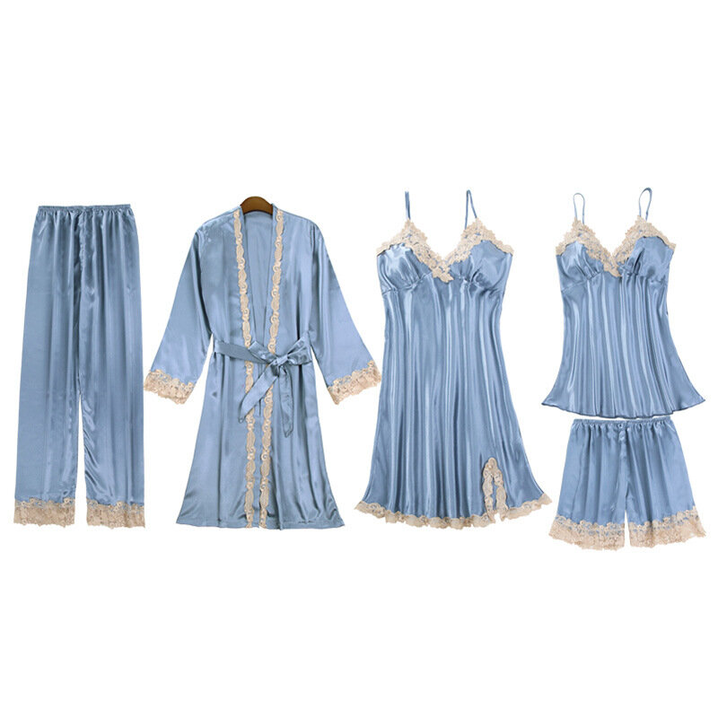 Conjunto de pijamas de cinco peças laço robe vestido de noite multi-color xxl primavera/outono manga longa suspender shorts melhor venda homewear
