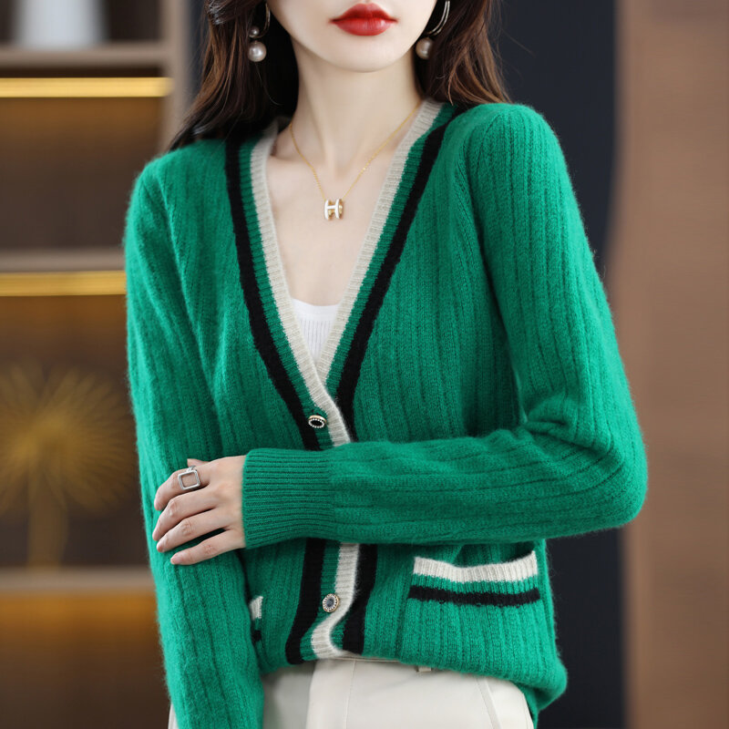 New Autumn And Winter 100% Pure Cashmere Color Matching V-Neck Cardigan Knitted Wool Coat Joker Loose Sweater Women