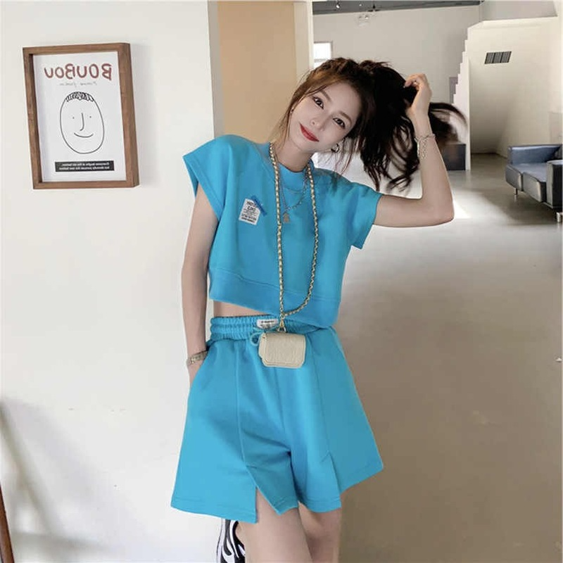 YUQI Soft Cotton Sets Women 2022 New Casual Two Pieces Short  Sleeve Y2k Crop Tops & High Waist Shorts Solid Outfits Tracksuit