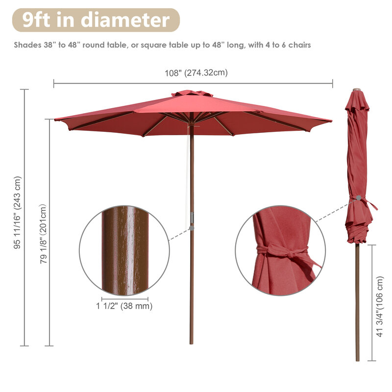 9 Ft 나무 우산 UV 보호 및 페이드 저항 파라솔 레드 와인