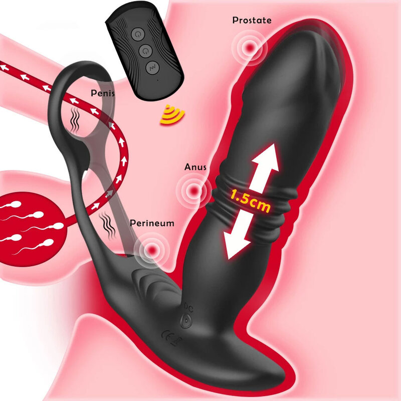 Telescopic Anal Vibrator for Men Prostate Massage Butt Plug Double Ring Delay Ejaculation Penis Ring Sex Toys for Men