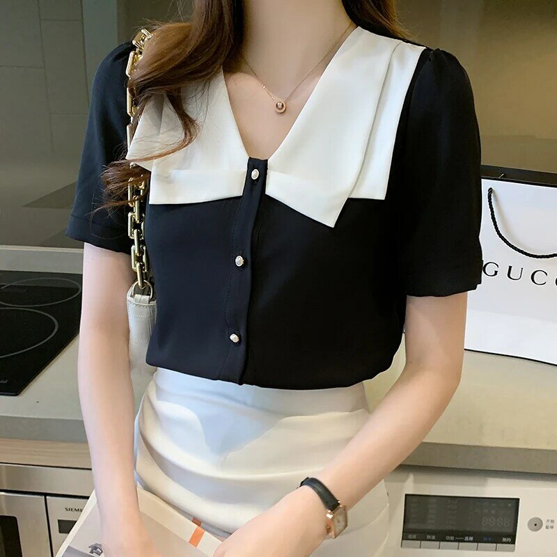 Blusa de chiffon camisa de verão feminina blusa preta manga curta peter pan colarinho blusa feminina elegantes 855c