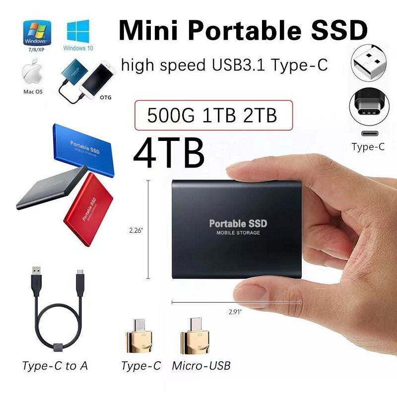4 테라바이트/2 테라바이트 hd externo 모바일 하드 디스크 유형 C USB3.1 휴대용 SSD, 충격 방지, 알루미늄 합금, 솔리드 스테이트 드라이브 전송 속도