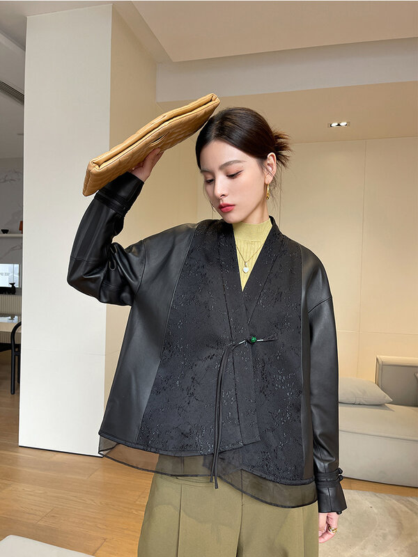 우아한 v넥 양모 코트 여성용, 세련된 패치워크 메쉬 정품 가죽 자켓 봄 가을