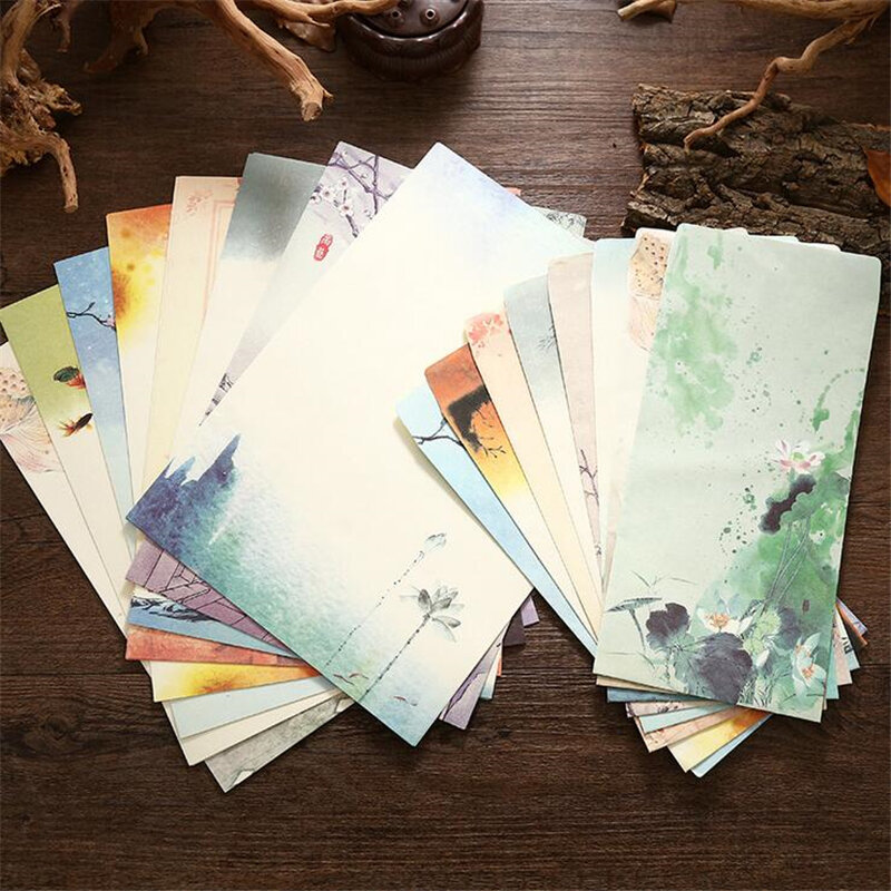 6 ชิ้น/เซ็ต VINTAGE Letter กระดาษและซองจดหมายชุดจิตรกรรมจีน Lotus ดอกไม้ CRAFT ซองจดหมายเชิญตัวอักษรกระดาษเ...
