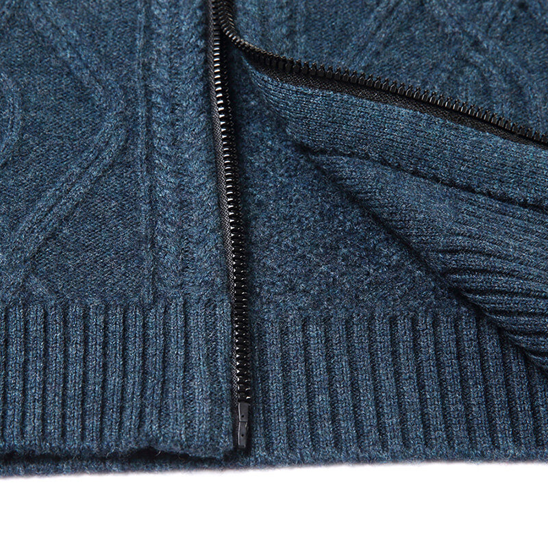 Sweater Kasmir Pria Jacquard 100% Wol Murni Rajutan Kardigan Musim Gugur Musim Dingin Berdiri Kerah Tebal Warna Solid Rajutan Mantel