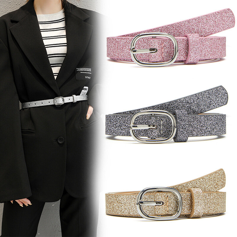 2021 Fashion Sequins Belt Women Thin Waist Belt PU Leather Gold Ring Buckle Belts for Female Luxury Belt