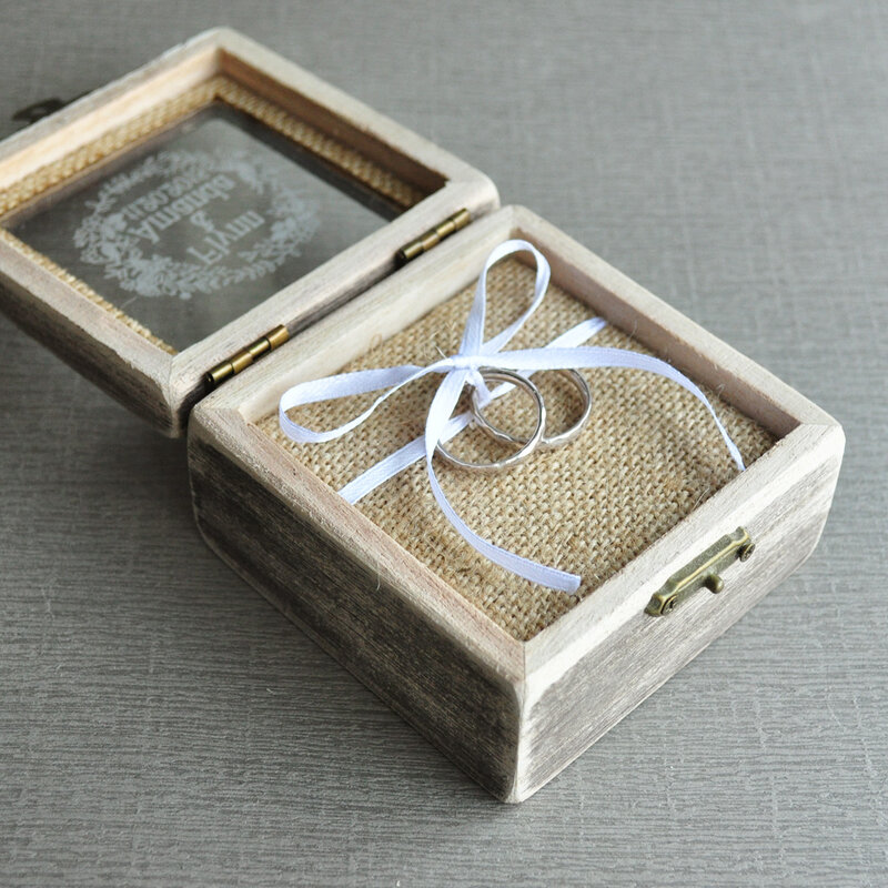 Kotak Cincin Pernikahan Kustom dengan Foto Cincin Pernikahan Pemegang Terukir Antik Kayu Pembawa Cincin Pertunangan Kotak Hadiah Memori
